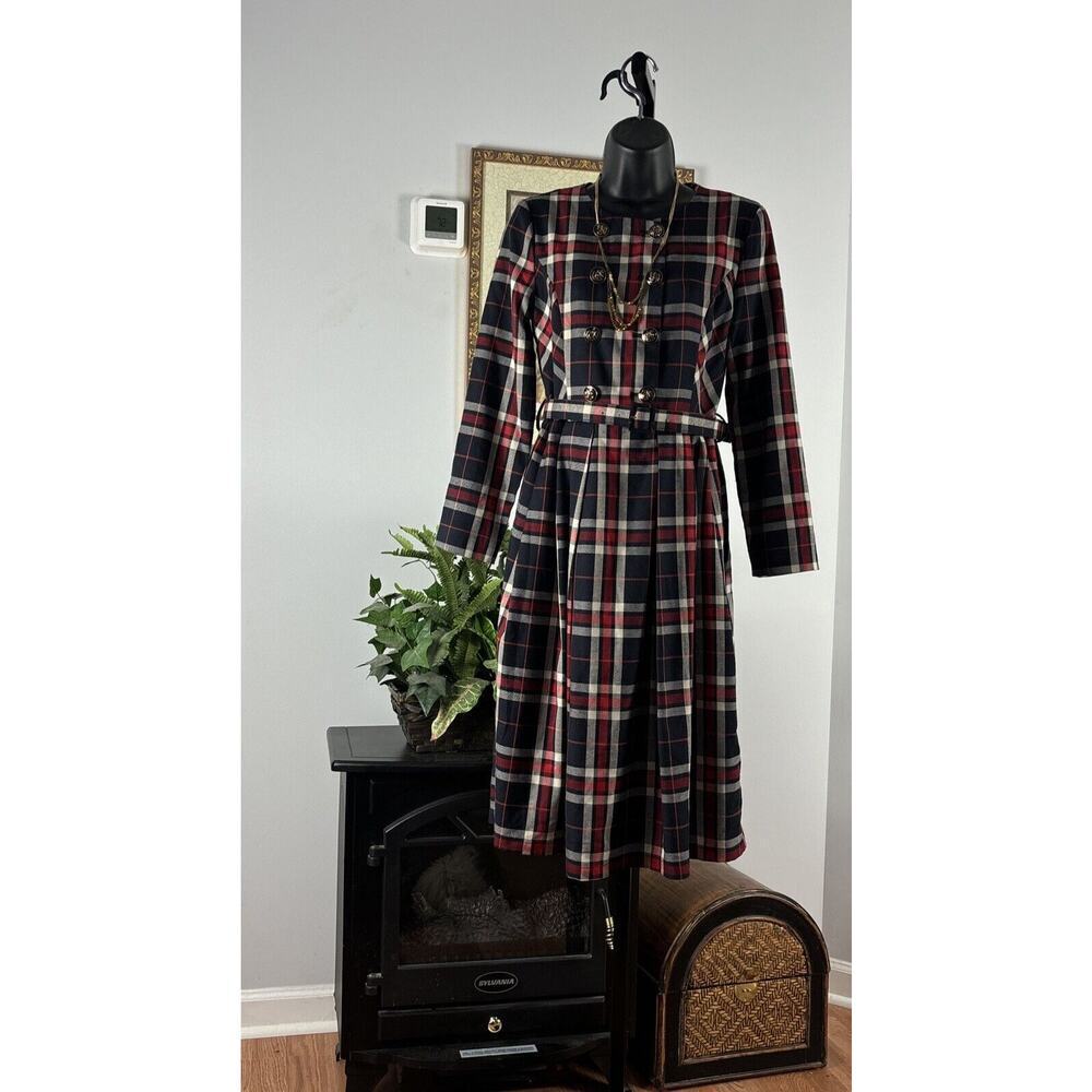 Ms N Elegance Womens Plaid Long Sleeve Dress Double Breasted Round Neck Belted M